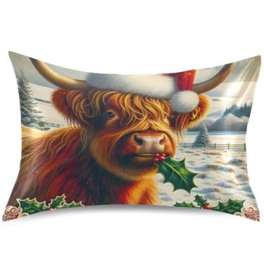 Imagem de Capa de almofada de cetim Highland Cow Papai Noel Natal padrão Queen King impressão artística almofada refrescante quarto estética, tamanho Queen, 76,2 cm x 50,8 cm