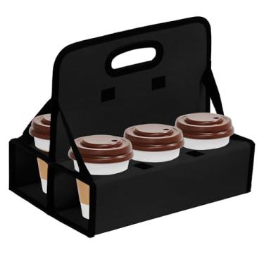 Imagem de UKQRRTC Porta-bebidas portátil com alça, suporte para copos, dobra plana, dobrável, material de tecido Oxford, resistente ao desgaste, até 6 xícaras de café ou canecas para entrega e retirada (preto)