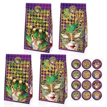 Imagem de Sacolas de lembrancinhas de festa de carnaval com adesivos, presente de doces de papel kraft com tema de terça-feira gorda, sacolas de presente de doces para festa de Nova Orleans, pacote com 12