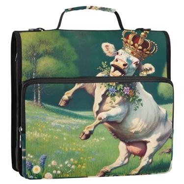 Imagem de Fichários de 3,8 cm com 3 anéis engraçados de vaca com estampa fofa com zíper, bolsa escolar com alça de ombro, grande, vários bolsos, pasta de portfólio grande