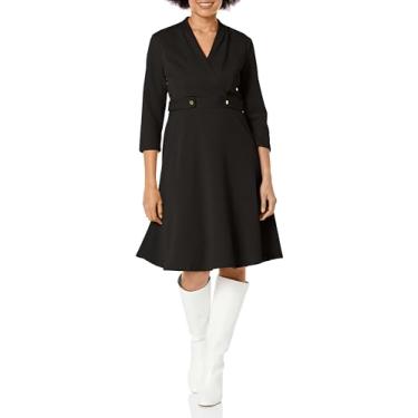 Imagem de London Times Midi feminino de crepe e flare com detalhe de botão de cintura, Preto, 40