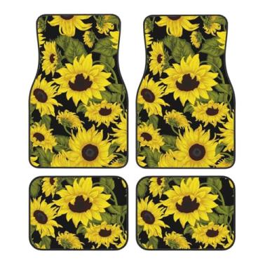 Imagem de Yakelo Tapetes para carro, girassol, fundo preto, tapetes de carro com pontas antiderrapantes, tapetes automotivos adequados para SUV, vans, sedans, caminhões, conjunto de 4 peças