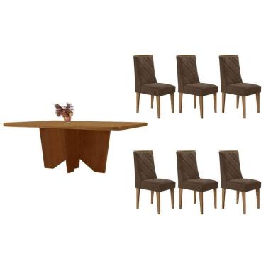Imagem de Sala Jantar Mesa Nevada Tampo Curvo 180cm+6 Cadeiras Pietá Madeira Naturale - Capuccino/Suede Capuccino - Rufato