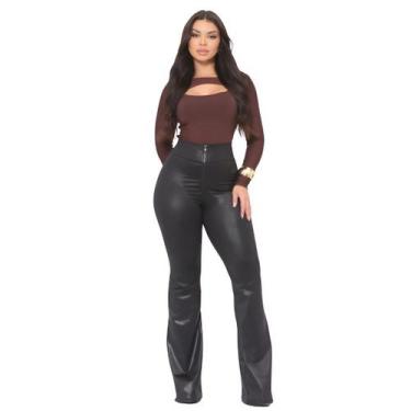 Imagem de Calça Flare Cirrê Feminina Cintura Alta Brilhosa Moda Casual Estilosa 