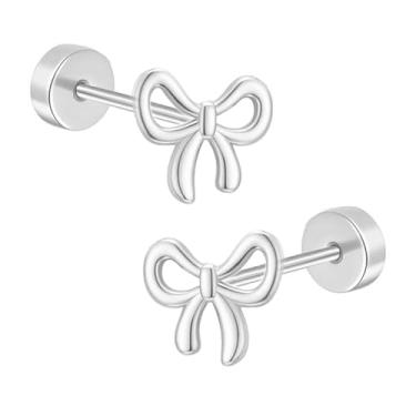 Imagem de Brincos de laço pequenos banhados a ouro 14K para mulheres, brincos minimalistas delicados com costas planas para presente para ela, Aço inoxidável, Sem pedra preciosa