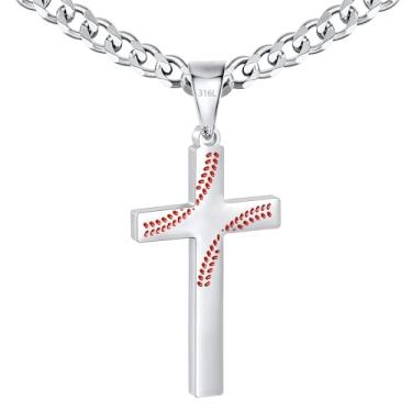 Imagem de Avotto Colar de aço inoxidável 316L com cruz de beisebol/futebol/futebol para homens, meninos, prata, ouro, preto, masculino, 5 mm, corrente cubana resistente que não desbota com pingente de cruz 45