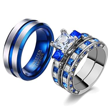 Imagem de ringheart Anéis de casal pretos combinando 1,5 CT AAA CZ 2 peças conjuntos de alianças de casamento femininas para ele e ela anéis masculinos, women size7 & men size13, Metal, Zircônia cúbica