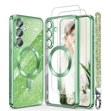 Imagem de DagoRoo Capa magnética para S26 Ultra + 2 películas protetoras de tela, borda dourada banhada de luxo [cartão de glitter e alça de pulso] Capa fina e macia de TPU TPU à prova de choque para S26 Ultra