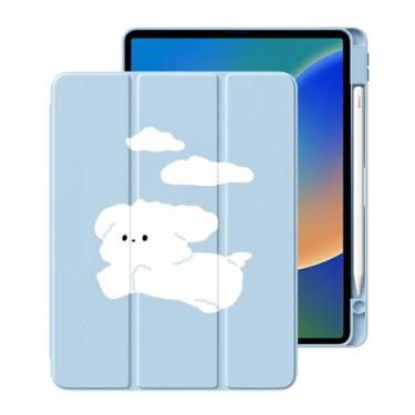 Imagem de Capa fofa de cachorro Kawaii para iPad Pro de 12,9 polegadas 5ª/6ª geração 2022/2021/2020 com suporte para lápis, capa de couro azul dobrável, suporta hibernar automático