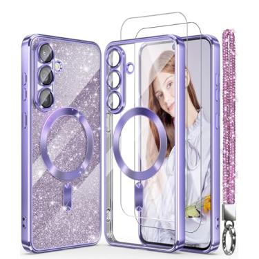 Imagem de DagoRoo Capa magnética para S26 Ultra + 2 películas protetoras de tela, borda dourada banhada de luxo [cartão de glitter e alça de pulso] Capa fina e macia de TPU TPU à prova de choque para S26 Ultra