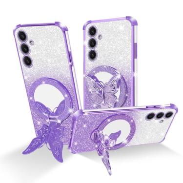 Imagem de Easyscen Capa para celular Samsung Galaxy S24 Plus (6,7 polegadas), com suporte de borboleta e 4 cantos de airbag protetora, capa protetora à prova de choque de luxo feminina com glitter - roxa