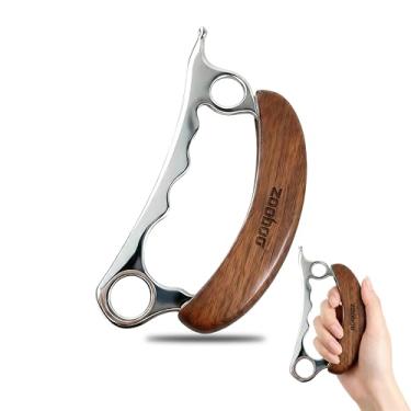 Imagem de Raspador muscular de aço inoxidável com cabo de madeira de nogueira – Design curvo para liberação miofascial e massagem profunda dos tecidos