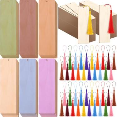 Imagem de Yexiya 150 marcadores de livro de madeira inacabada com 150 peças de borlas coloridas, etiquetas de madeira em branco, retangulares, faça você mesmo, ornamentos com furos e cordas para artesanato