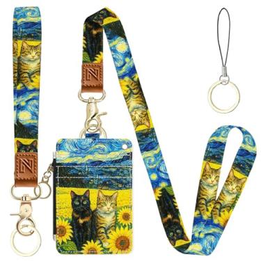 Imagem de Girassol Céu Estrelado Gato 2 em 1 Porta-crachá e Carteira com Cordão para Professores, Enfermeiras, Profissionais - Linda Bolsa de Moedas com Zíper, Alça Removível e Cordão de Pescoço, 5