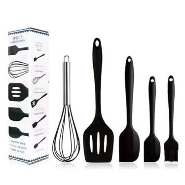 Imagem de Jogo de Cozinha Kit C/12 Pçs de Silicone Utensílios e Copo Suporte para Cozinha Cabo de Madeira Su(5 peças-Preto)