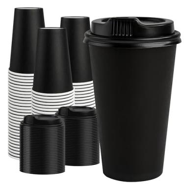 Imagem de RACETOP Xícaras de café de papel de 473 ml, pacote com 100 xícaras de café pretas descartáveis com tampas 473 ml, copos de papel quente com tampa, copo para viagem com tampa