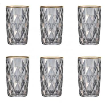 Imagem de Jogo de 6 Copos de Vidro Diamond 400ml para Suco, Água e Drink Conjunto de Peças Resistente (Cinza com Borda de Ouro)