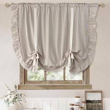 Imagem de YIPINXIU Cortina de balão de amarração transparente marrom claro com estampa de búfalo charmosa para cozinha, persiana romana com babados, para janela pequena, café, varanda, bolso para varão, 1