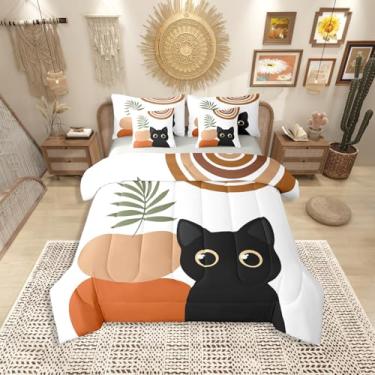 Imagem de Erosebridal Conjunto de cama infantil engraçado de gato, boêmio, meados do século, com lençol solteiro, moderno, minimalista, animal, para meninas, meninos, adultos, conjunto de cama geométrica