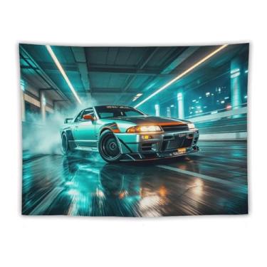 Imagem de HouLaiZhe JDM Tapeçaria de carro túnel deriva veículo movimento R32 Jdm pendurar na parede quarto decoração de casa tapeçarias estética piquenique decoração de parede arte de parede para dormitório
