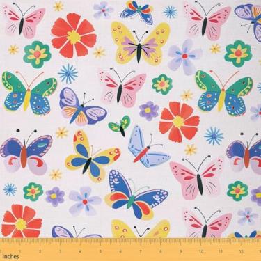 Imagem de jejeloiu Tecido de borboleta por Yard Tecido de estofamento com padrão de borboletas para costura, artesanato, voo, impermeável, decoração interna e externa para casa, projetos faça você mesmo
