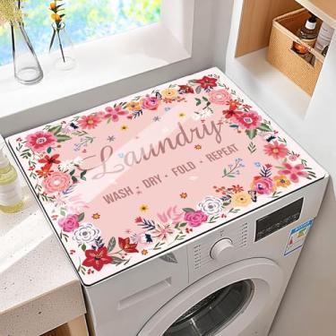 Imagem de Tapete protetor antiderrapante para máquina de lavar e secar roupa à prova de poeira almofada de capa com placa de lavanderia floral rosa design universal 59,9 cm x 50 cm para lavanderia e decoração