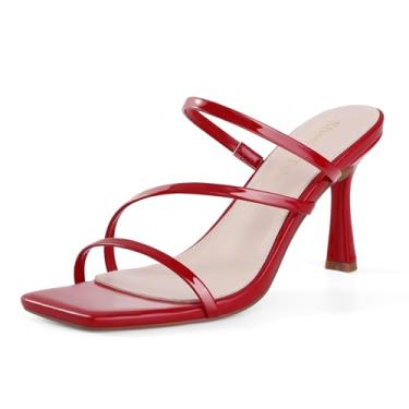 Imagem de Shoe'N Tale Sandálias femininas salto gatinho com tiras stiletto mules bico aberto quadrado sem cadarço, Vermelho, 35