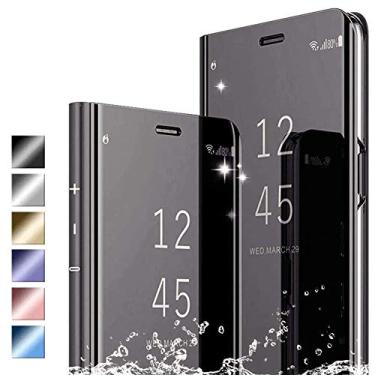 Imagem de Hikissny Capa para iPhone 5, Ultra Slim Flip Clear View Capa translúcida de pé Espelho Plating Capa de proteção de corpo inteiro para iPhone 5, Azul