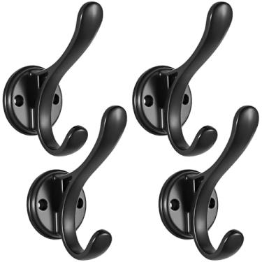 Imagem de Ruiziiz Gancho preto para toalha pacote com 4 ganchos para roupão de banho duplo de metal resistente, ganchos de toalha pretos para banheiros, cozinha, armário, garagem (588 preto, 4)