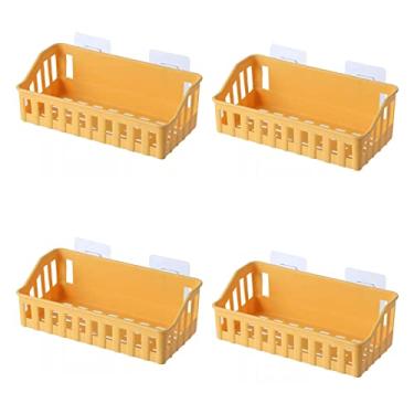 Imagem de Rack de armazenamento de chuveiro, 4 prateleiras, prateleiras de plástico para vaso sanitário, prateleiras de armazenamento de parede, prateleiras não perfuradas, suporte de chuveiro (amarelo)