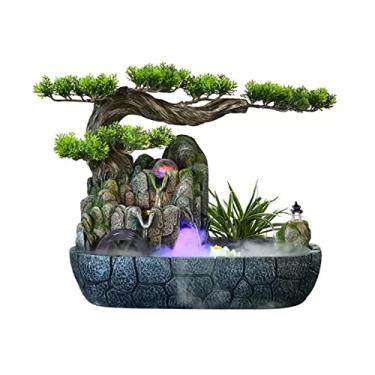 Imagem de Fontes de mesa fonte de água interna resina árvore artificial chinesa Rockery fonte de mesa com bola rolante fonte zen para decoração de casa, escritório, quarto, mesa, fontes internas