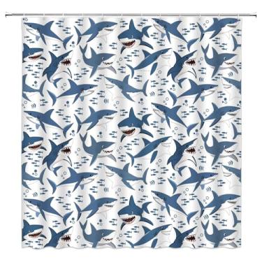 Imagem de Cortina de chuveiro de tubarão azul desenho animado oceano animal tubarão peixe tropical mar marinho subaquático engraçado 177,8 cm L x 170 A cortina decorativa de banheiro com ganchos