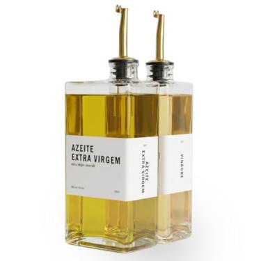 Imagem de Galheteiro Quadrado de Vidro 500ml com Bico Dosador Dourado para Azeite, Vinagre e Outros (Azeite Ex e Vinagre)