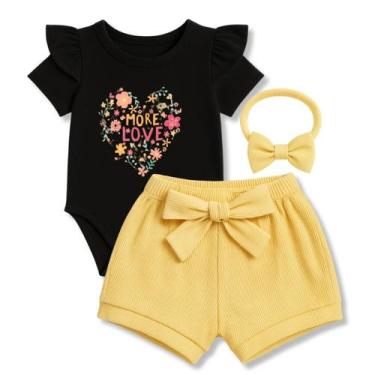 Imagem de Conjunto Bebê Menina Body Babado + Shortinho + Faixinha de Cabelo Kit 