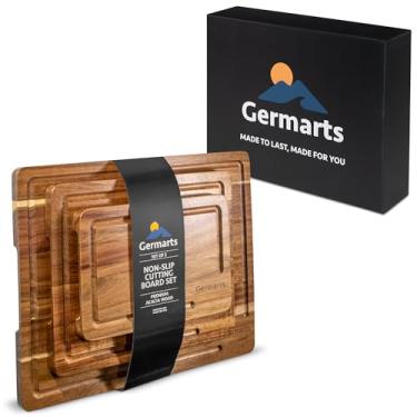 Imagem de GERMARTS Conjunto de 3 tábuas de corte de madeira de acácia para design de cozinha com suporte para decoração de casa, utensílios de cozinha para cozinhar, servir, acampar e tábuas de charcutaria