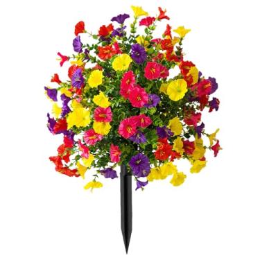 Imagem de Árvores de bola de topiária artificial de glória da manhã, 1 conjunto de flores artificiais realistas de seda resistentes a UV de seda ao ar livre com espiga de solo, plantas falsas para jardim de