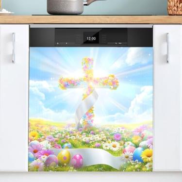 Imagem de Cruz de páscoa flores ovos máquina de lavar louça ímã capa ímã adesivo para cozinha 58 x 66 cm máquina de lavar louça ímã capa ímã painel almofada decalque