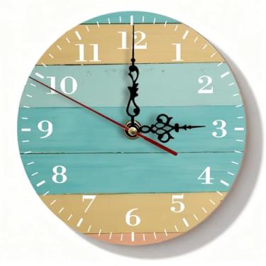 Imagem de Relógio de parede de madeira listrado bege e azul-petróleo - decoração silenciosa sem tique-taque envelhecida Shiplap para casa de fazenda sala de estar cozinha - 19 cm