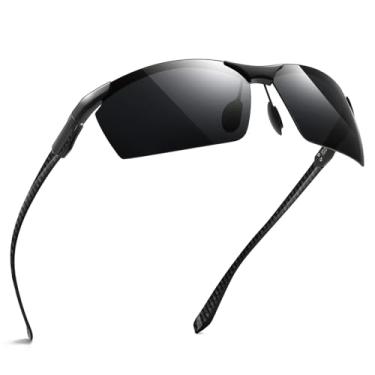 Imagem de SUNGAIT Óculos de sol masculinos de fibra de carbono, esportivo, lentes polarizadas sem aro para dirigir, pescar, correr, presentes, proteção ocular, Preto/cinza (capa marrom)