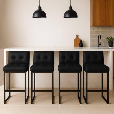Imagem de Banqueta Cozinha Alta Com Encosto Industrial Kit 4 Preto Lirina Pu Preto C05 - D`rossi