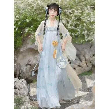 Imagem de Vestidos de cosplay originais de fada rosa doce tradicional chinês Hanfu 2 peças para mulheres vestido de princesa azul vestido de formatura