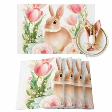 Imagem de Jogo americano de Páscoa, conjunto de 6 tapetes de mesa rosa rosa coelhinho primavera tulipa folhas florais tapetes de mesa para jantar, cozinha, primavera, férias, jantar, festa, decoração de Páscoa