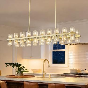 Imagem de BBLLWJ Lustre de sala de jantar de 101 cm sobre a mesa 40 luzes lustre de cristal dourado lustres retangulares lustres modernos para sala de estar cozinha ilha (inclui lâmpadas 40XG4)