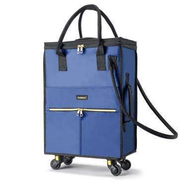 Imagem de Bolsa de compras reutilizável com rodas, bolsa de viagem dobrável, bolsa de bagagem de mão com alça e capa de zíper para viagem, carrinho de compras leve com rodinhas (fosco-azul marinho, pequeno_41L)