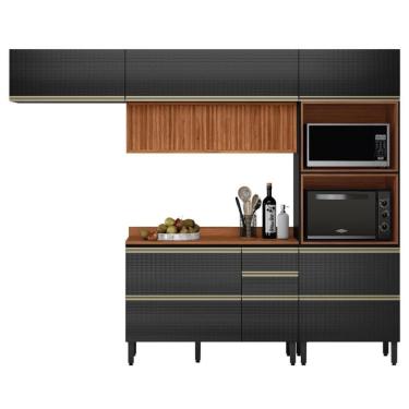 Imagem de Cozinha Modulada Proença 4 Peças Com Aéreo 120cm Ripado Nogueira Touch-carbono Prime Tx - Demartêz
