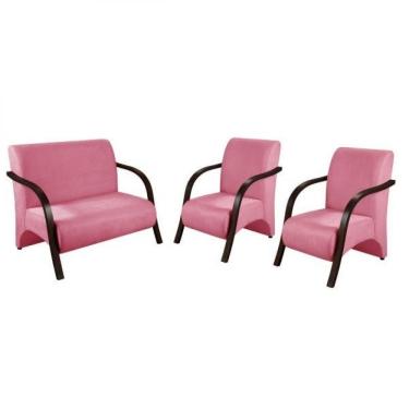 Imagem de Kit 3 Peças Poltrona Braço Madeira Suede Tecido Rosa