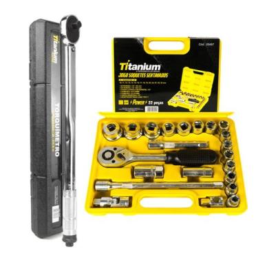 Imagem de Kit Torquímetro Estalo 1/2 28210Nm Jogo de Soquetes 22 Peças  Titanium