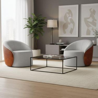 Imagem de Poltrona Sala Orgânica Kit 2 Lua Fixa Sintético Pu Nozes/linho D03 - D'rossi Cor Cinza