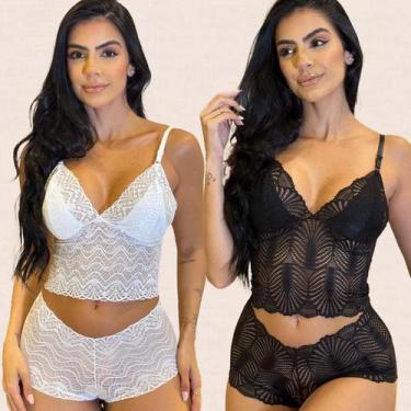 Imagem de Kit 2 Conjuntos Cropped Calcinha Caleçon de Renda Sem Bojo Sem Aro - L
