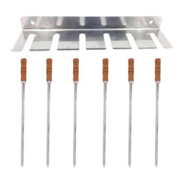 Imagem de porta espeto c/6 espetos espada 80cm cabo madeira - INOX LAURINDOS